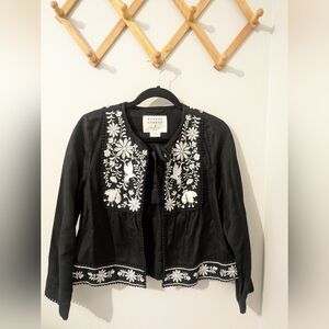 Kate Spade Broome Street Black and White Embroidered Open Front Blouse